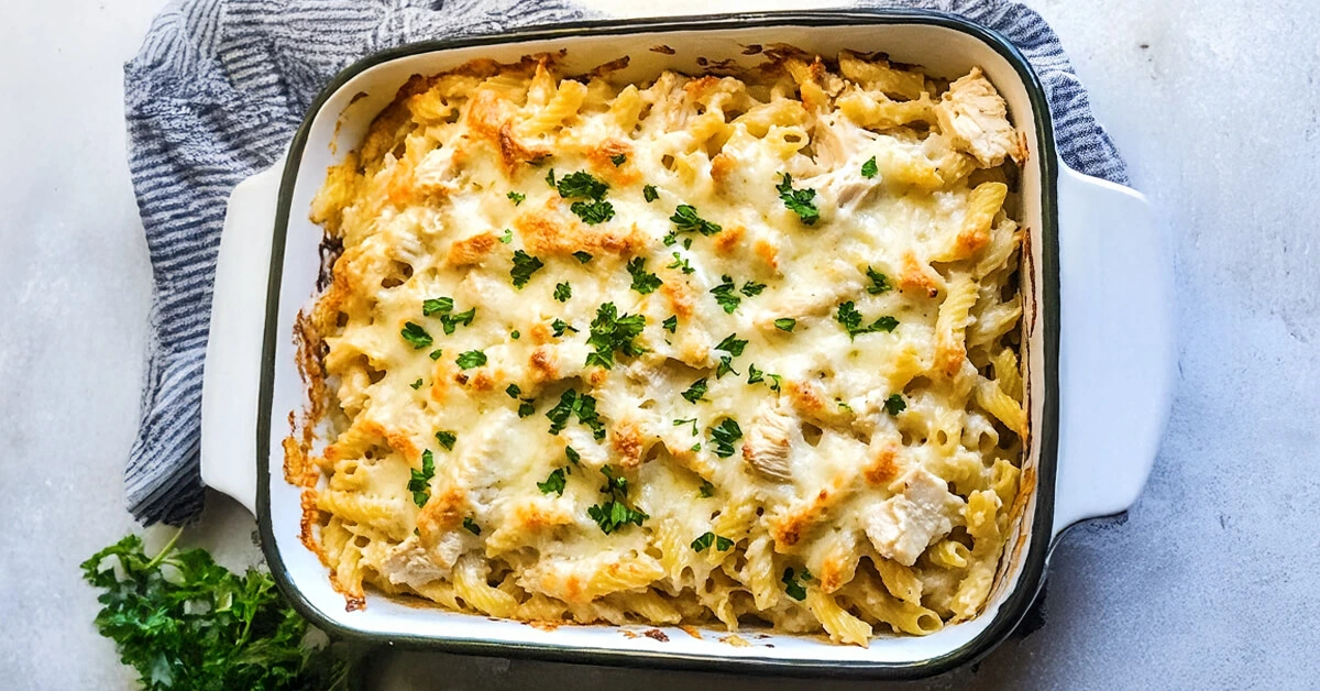 Dump and Bake Chicken Alfredo Pasta Casserole