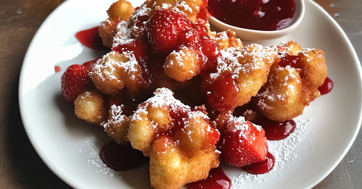Funnel Cake Bites with Strawberry Sauce