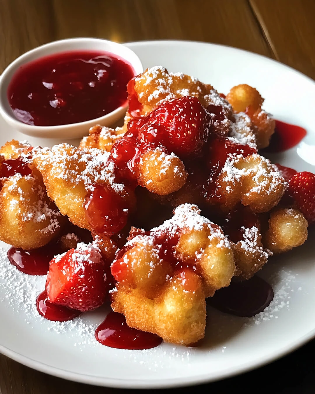 Funnel Cake Bites with Strawberry Sauce Ingredients for Funnel Cake Bites with Strawberry Sauce