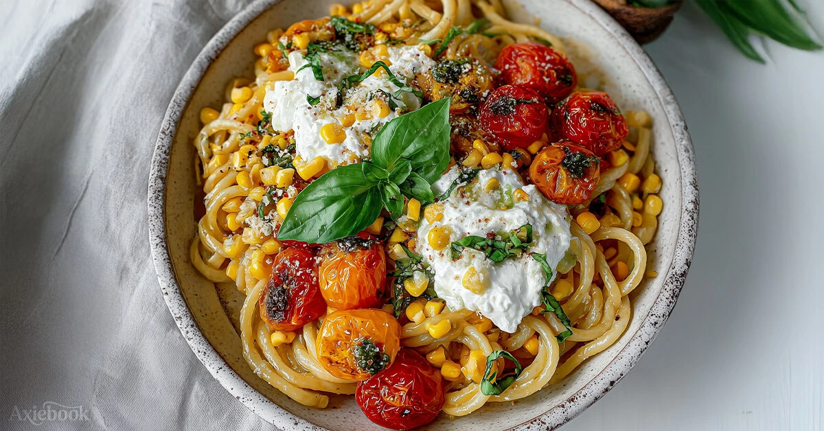Creamy Sweet Corn Pasta with Basil and Cherry Tomatoes