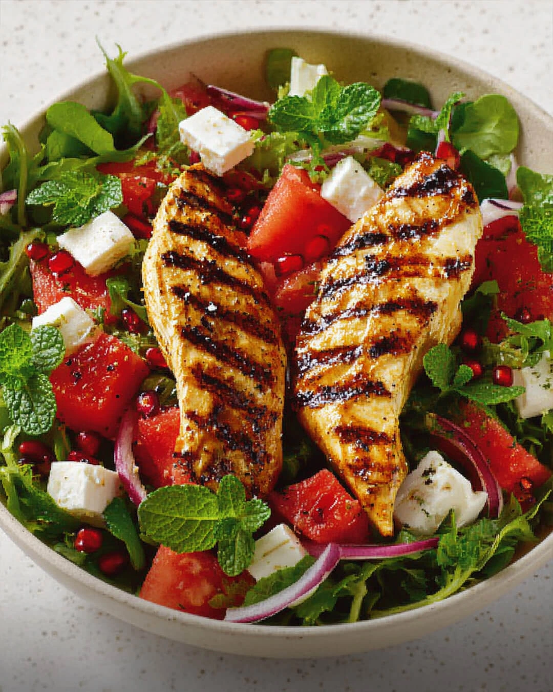 Watermelon Feta and Mint Salad with Grilled Chicken How to Make Watermelon Feta and Mint Salad with Grilled Chicken