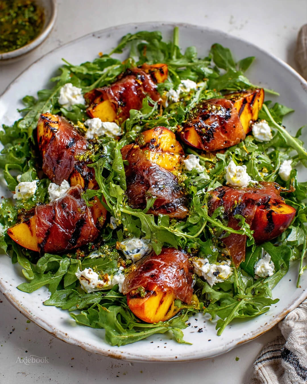 My Go To Method for Grilled Prosciutto Wrapped Peaches with Arugula Goat Cheese