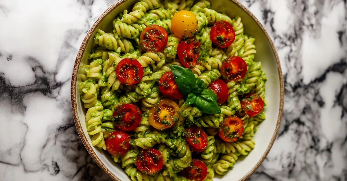 Creamy Avocado Pesto Pasta with Cherry Tomatoes