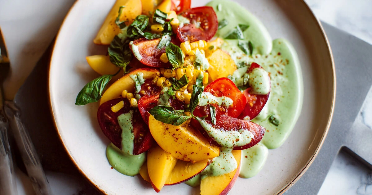 Tomato Peach Salad with Creamy Basil Sauce