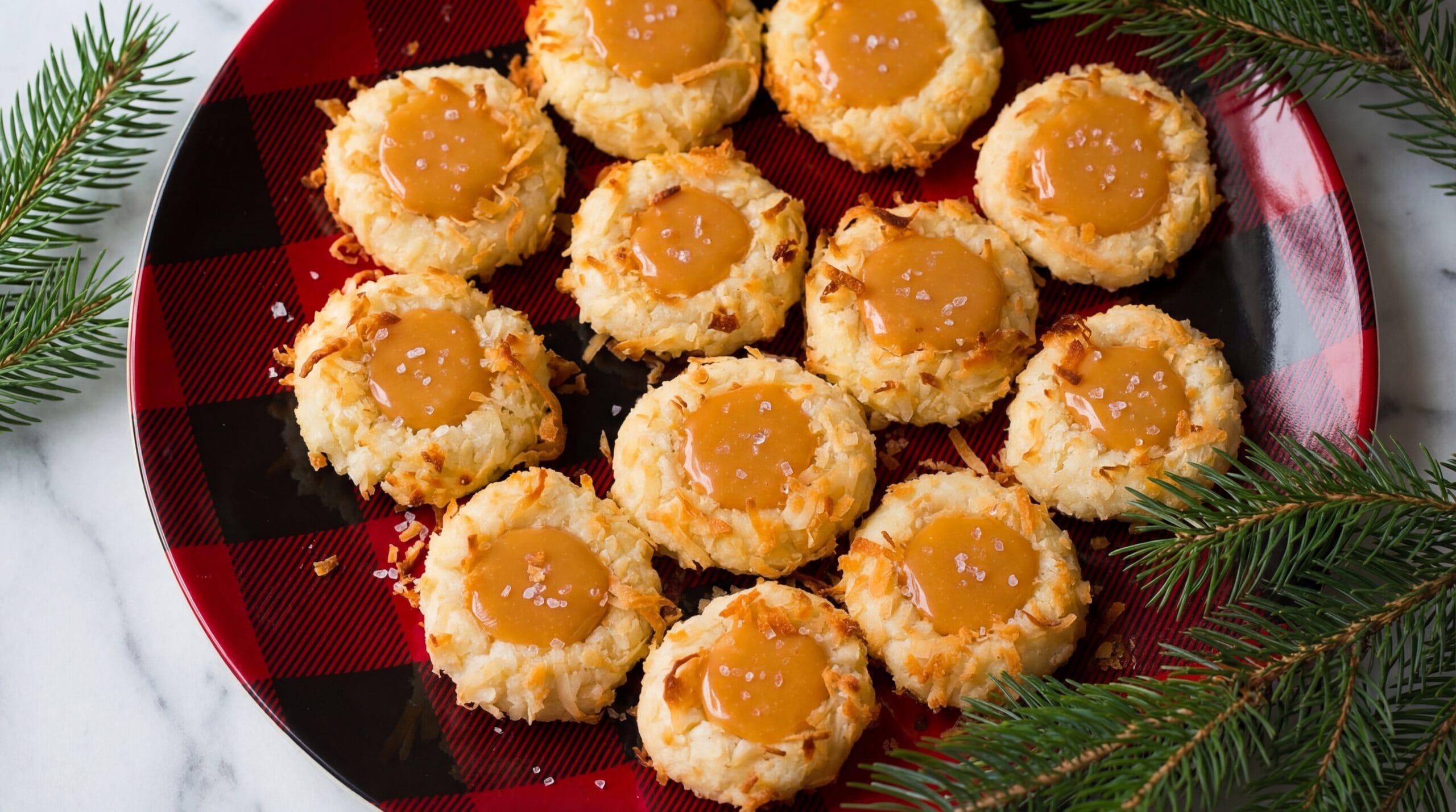 Salted Caramel Coconut Thumbprint Cookies Recipe - Featured Image