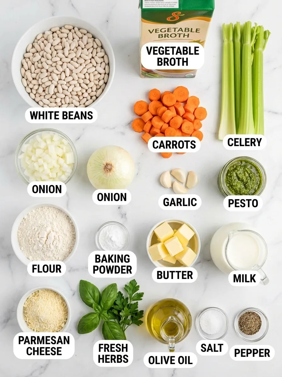 Everything You Need for Perfect White Bean Soup with Pesto Herb Dumplings