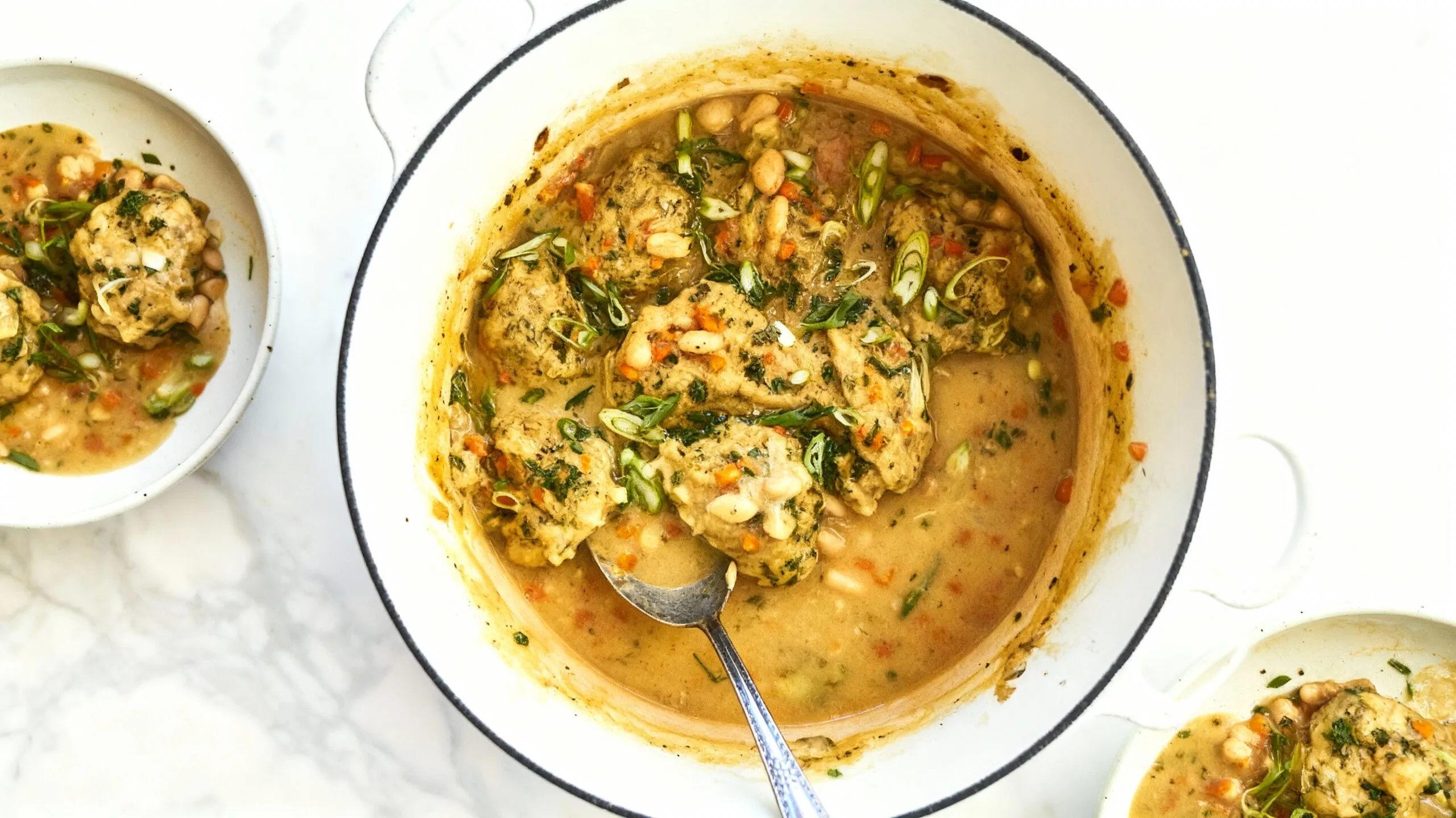 White Bean Soup with Pesto Herb Dumplings